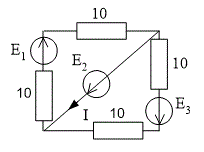 Найти I методом эквивалентного генератора, если Е1 = 100 В, Е2 = 20 В, Е3 = 20 В, сопротивления на схеме заданы в Омах.