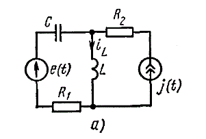 Задача 7.9.из сборника Бессонова.<br /> Рассчитать мгновенное значение тока в индуктивной катушке и построить график его в функции времени (рис. 7.5,а), если e(t)=100+50sin(ωt-30°) B; j(t)=10+5sin2ωt A; R<sub>2</sub>=ωL=1/(ωC)=10 Oм;R=5 Oм