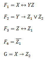 Доказать, что формула G является логическим следствием формул F1, F2, F3, F4: