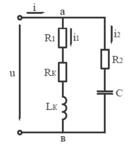 Расчёт электрической цепи с параллельным соединением ветвей R , L и R , C при синусоидальном входном напряжении u = Um sin 314 t .                рис. 21  Дано: Схема электрической цепи рис. 21.  Параметры цепи и действующее значение входного напряжения определить по таблице вариантов 2 в соответствии с присвоенным шифром.   <br />Определить  <br />1. Действующее значение токов во всех ветвях ( I , I1 , I2 ) и углы сдвига фаз φ , φ1 , φ2  <br />2. Активные ( P , P1 , P2 ), реактивные ( Q , Q1 , Q2 ) и полные ( S , S1 , S2 ) мощности каждой ветви и всей цепи.   <br />3. По результатам расчёта построить векторную диаграмму напряжения и токов.  <br />4. Принять R2 = 0 и определить ёмкость Cр при которой в цепи наступит резонанс токов.  <br />5. Определить при резонансе токов действующие значения токов, активную, реактивную и полную мощности каждой ветви и всей цепи.  <br />6. Построить векторную диаграмму напряжения и токов при резонансе.   <br /><b>Шифр 552</b> <br />Первая цифра шифра: 5  <br />U = 100 В  <br />R2 = 50 Ом  <br />Вторая цифра шифра: 5  <br />RК = 13 Ом  <br />LК = 0.264 Гн  <br />Третья цифра шифра: 2  <br />R1 = 60 Ом  <br />C = 40 мкФ 