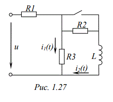 <b>Задача 1.3.</b> Задана электрическая цепь, в которой происходит коммутация (рис.1.21- 1.40). В цепи действует синусоидально изменяющееся напряжение u(t)=U<sub>m</sub>sin( 314t +Ψ). По данным, помещенным в табл. 1.2, выполнить следующее:  <br />1) рассчитать зависимость указанной в табл. 1.2 переменной в функции времени;  <br />2) построить график найденной зависимости. <br /><b>Вариант 16</b> <br />Дано: рисунок 1.27 <br />Um = 220 В, ψ = π/4 <br />R1= 50 Ом, R2 = 200 Ом, R3 = 180 Ом, XL = 300 Ом <br />Искомая переменная – i1(t)