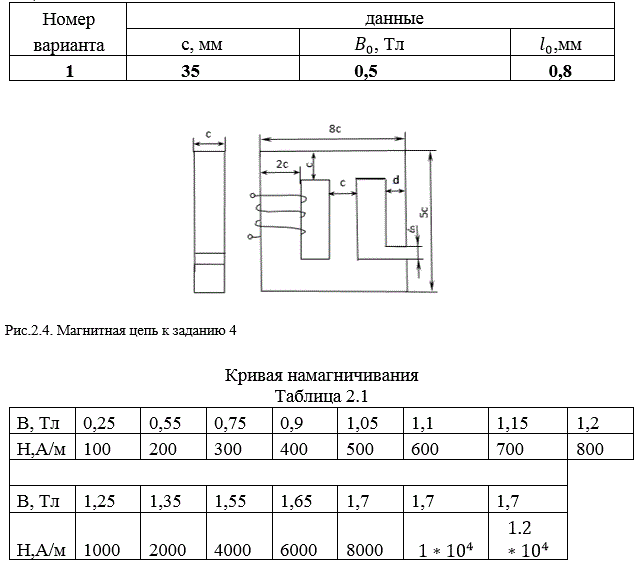 <b>Задание 4.</b> В магнитной цепи рис.2.4 магнитная индукция в воздушном зазоре, имеющимся в правом стержне магнитопровода, равна B_0. Длина воздушного зазора l_0. Материал магнитопровода – электротехническая сталь. Определить магнитные потоки во всех трех стержнях и МДС катушки. <br /><b>Вариант 61 </b>(для шифра 61-70 d=c) <br />Указание: воспользоваться кривой намагничивания. (табл. 2.1 и рис. 2.6). 