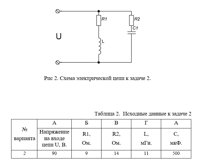 Задача 8.<br /> К электрической цепи, схема которой приведена на рисунке 2,  приложено переменное синусоидальное напряжение  U частотой f=50 Гц. Значение величин сопротивлений R1 u R2, индуктивности L и емкости C, а также действующего значения напряжения приведены в таблице 2. <br />Определить комплексные токи, комплексы падения напряжений на элементах цепи, комплексную, активную и реактивную мощность.<br /> Построить на комплексной плоскости масштабе векторные диаграммы токов и напряжений. <br />Построить на комплексной плоскости в масштабе векторную диаграмму мощностей.<br /><b>Вариант 2</b>