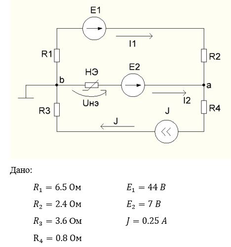 Определить все токи в схеме и напряжение на нелинейном сопротивлении. Чему при этом равно дифференциальное сопротивление Rдиф нелинейного элемента? Какая мощность вырабатывается при этом источником тока J?