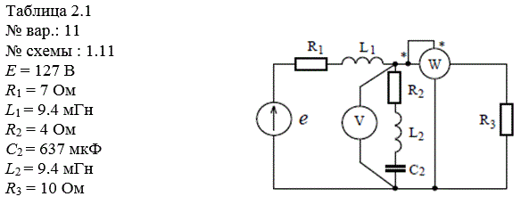 В электрической цепи однофазного синусоидального тока, схема и параметры элементов которой заданы для каждого варианта в таблице, определить:  <br />1) полное сопротивление электрической цепи и его характер;  <br />2) действующие значения токов в ветвях;  <br />3) показания вольтметра и ваттметра;  <br />4) построить векторную диаграмму токов и топографическую диаграмму напряжений для всей цепи. Частота сети 50 Гц. <br /><b> Вариант 11</b>
