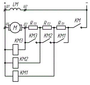 Схема обеспечивает пуск двигателя в функции:  <br />1)	тока;  <br />2)	времени;  <br />3)	скорости. 