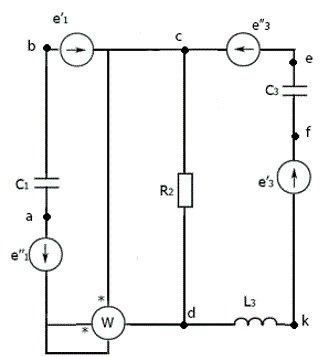 Для электрической схемы, соответствующей номеру варианта и изображенной на рисунке, выполнить следующее: <br />1. Составить на основании законов Кирхгофа систему уравнений в общем виде для расчета токов во всех ветвях цепи, записав ее в двух формах:  <br />а) дифференциальной; <br />б) символической. <br />2. Определить комплексы действующих значений токов во всех ветвях, воспользовавшись одним из методов расчета линейных электрических цепей. <br />3. По результатам, полученным в п. 2, определить показание ваттметра двумя способами: <br />- с помощью выражения S=UI* <br />- с помощью выражения P = UIcosφ <br />4. Построить топографическую диаграмму, совмещенную с векторной диаграммой токов. При этом потенциал точки «a», указанной на схеме, принять равным нулю. <br />5. Полагая, что между двумя любыми индуктивными катушками, расположенными в различных ветвях заданной схемы, имеется электромагнитная связь при взаимной индуктивности М, составить в общем виде на основании законов Кирхгофа систему уравнений для расчета токов во всех ветвях схемы, записав ее в двух формах:  <br />а) дифференциальной, <br />б) символической.  <br /><b>Вариант 5</b>   <br /> Дано Рис. 13 <br />L3=132 мГн; <br />C1=50 мкФ; C3=338 мкФ; <br />R2=65 Ом; <br />f=50 Гц; <br />e1' (t)=141 cos⁡(ωt+345°)  В; <br />e3' (t)=200sin⁡(ωt+45°)В; <br />e3''(t)=116sin⁡(ωt-11° )В;