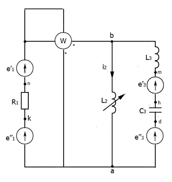 Для электрической схемы, соответствующей номеру варианта и изображенной на рисунке, выполнить следующее: <br />1. Составить на основании законов Кирхгофа систему уравнений в общем виде для расчета токов во всех ветвях цепи, записав ее в двух формах:  <br />а) дифференциальной; <br />б) символической. <br />2. Определить комплексы действующих значений токов во всех ветвях, воспользовавшись одним из методов расчета линейных электрических цепей. <br />3. По результатам, полученным в п. 2, определить показание ваттметра двумя способами: <br />- с помощью выражения S=UI* <br />- с помощью выражения P = UIcosφ <br />4. Построить топографическую диаграмму, совмещенную с векторной диаграммой токов. При этом потенциал точки «a», указанной на схеме, принять равным нулю. <br />5. Полагая, что между двумя любыми индуктивными катушками, расположенными в различных ветвях заданной схемы, имеется электромагнитная связь при взаимной индуктивности М, составить в общем виде на основании законов Кирхгофа систему уравнений для расчета токов во всех ветвях схемы, записав ее в двух формах:  <br />а) дифференциальной, <br />б) символической.  <br /><b>Вариант 6</b>   <br /> Дано Рис. 19<br /> L2=21.2 мГн; L3=24.8 мГн;<br /> C3=35.5 мкФ;<br /> R1=17 Ом; <br />f=90 Гц; <br />e1' (t)=80 sin⁡(ωt+40°)  В;<br /> e1''(t)=80 sin⁡(ωt-50°)  В; <br />e3'(t)=56.4cos⁡(ωt-130°) В;<br /> e3''(t)=0;