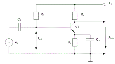 1. Для заданного транзистора определить тип прибора, дать его графическое обозначение в схемах. Привести характеристики (по справочнику), справочные параметры, назвать область применения, расшифровать условное обозначение, зарисовать входные и выходные ВАХ. <br />2. Для заданной схемы определить следующие параметры рабочей точки: UБЭА, UКЭА, IБА, IКА. Рассчитать, а затем выбрать номинал RБ в соответствии с заданным транзистором. Привести необходимые для расчета параметры и вольтамперные характеристики (входную и выходные статические) из справочника, расшифровать УГО транзистора. Оценить влияние на работу каскада емкостей С1 и С2 в заданном диапазоне частот. Определить входное сопротивление усилительного каскада по переменному току и рассчитать коэффициент усиления по напряжению (Res = 0; Rн = ∞). <br /><b>Вариант 17</b><br />Тип транзистора: ГТ305А <br />Eк = Eкmax/2 <br />Rкэ = 3,0 кОм <br />Rэ = 0,2 кОм <br />Cф = 0,1 мкФ <br />Cэф = 0,5 мкФ <br />fн = 20 кГц <br />fв = 100 кГц <br />Uб = 1 В