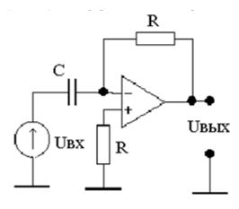 <b>Вариант 2</b><br /><b>Задание 1. </b>Рассчитать и построить график АЧХ коэффициента передачи дифференцирующего усилителя для диапазона частот (20...20•103)Гц, приняв R=100кОм, С=16нФ. <br />Нарисовать временную диаграмму выходного сигнала дифференцирующего усилителя считая, что входной сигнал периодическая последовательность однополярных импульсов с амплитудой 1В, частотой 100Гц.<br /><b>Задание 2.</b> Собрать схему усилителя разности. Зарисовать временные диаграммы входных Uвх1,Uвх2 сигналов, подав на инвертирующий вход Uвх1  гармонический сигнал с амплитудой 1 B и частотой 50 Гц, а на неинвертирующий вход Uвх2 сигнал прямоугольной формы, такой же амплитуды и частоты. Измерения проводить в режиме синхронизации осциллографа от гармонического сигнала.<br />Рассчитать коэффициент ослабления синфазного сигнала Kосс=Uвх/Uвых. Для расчета Косс, объединив входы усилителя разности и подав на них гармонический сигнал (Um=10 B, f=100 Гц) от генератора, измерить с помощью осциллографа амплитуду входного и выходного сигналов.<br /><b>Задание 3.  </b>Собрать измерительную установку в соответствии со схемой и получить на экране статическую характеристику при Uоп=0B. Зарисовать с экрана осциллографа статическую характеристику, указав масштабы осей X и Y в вольтах (осциллограф перевести в режим - В/А). Исследовать влияние опорного напряжения на статическую характеристику, подав опорное напряжение Uon=2B и зарисовать с экрана статическую характеристику, указав масштабы осей.