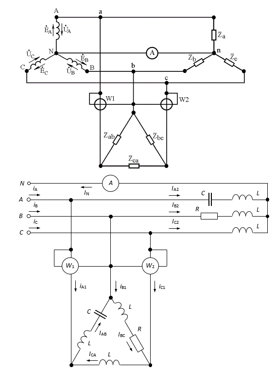 РАСЧЕТ ТРЕХФАЗНЫX ЭЛЕКТРИЧЕСКИX ЦЕПЕЙ  МЕТОДОМ КОМПЛЕКСНЫX ЧИСЕЛ <br />Выполнить преобразование трехфазной электрической цепи, схема которой представлена на рис. 4.1, для соединения в "звезду" и в "треугольник", учитывая, что нагрузкой фаз являются элементы (комбинация элементов), представленные для соответствующих вариантов задания в табл. 4.1. Параметры источника и элементов нагрузки даны в табл. 4.2.  <br />Определить показания приборов, изображенных на рис. 4.1. По результатам расчета построить для каждого потребителя совмещенную векторную диаграмму токов и напряжений на комплексной плоскости. <br />К трехфазному источнику, фазы которого соединены по схеме "звезда", подключены два потребителя: фазы первого соединены по схеме "звезда", фазы второго − по схеме "треугольник". На выходах трехфазного источника (см. рис. 4.1) действуют три линейных напряжения UЛ , изменяющиеся с частотой f . Показанные на рис. 4.1 приборы измеряют следующие электрические величины: амперметр − силу тока в нейтральном проводе для потребителя, фазы которого соединены по схеме "звезда"; ваттметры W1 и W2 − активную мощность потребителя, фазы которого соединены по схеме "треугольник". <br /> <b>Вариант D18</b><br />Таблица 4.1  <br />R = 10 Ом  <br />L = 95.6 мГн  <br />C = 159 мкФ  <br />U<sub>Л</sub> = 220 В  f = 50 Гц   <br />Таблица 4.2 <br />Za , Zab : C , L  <br />Zb , Zbc : R , L  <br />Zc , Zca : L 
