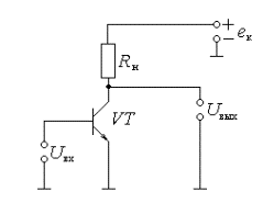 <b>Практическая работа "Работа транзистора в ключевом режиме"</b><br />Собрать схему согласно рис. 1. В качестве входного сигнала использовать напряжение источника питания постоянного тока. <br />2. Снять зависимость напряжения на выходе транзистора от напряжения на входе. Результаты занести в таблицу 1. По результатам построить зависимость  Uвых = U(Uвх). Из графика определить зону неопределенности транзистора.<br />3. Снять зависимость напряжения на выходе транзистора от напряжения питания при двух значениях напряжения на входе Uвх  (выбрать из диапазона 0 – 0,4 В и 1 – 5 В). Результаты занести в таблицу 2. По результатам построить зависимость  Uвых = U(e<sub>п</sub>). Максимально допустимое напряжение питания ±12 В (!).