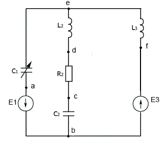 <b>Линейные электрические цепи синусоидального тока </b><br />1.	На основании законов Кирхгофа составить систему уравнений для расчета токов, записал ее в двух формах: <br />a.	Дифференциальной; <br />b.	Символической; <br />2.	Определить комплексы действующих значений токов, воспользовавшись одним из методов расчета линейных цепей; <br />3.	Правильность решение проверить по балансу мощности; <br />4.	Построить векторную диаграмму токов и совмещенную с ней топографическую диаграмма напряжений на всех элементах схемы. При этом потенциал одного из узлов схемы принять равным нулю; <br />5.	Построить круговую диаграмму для тока в одном из сопротивлений при изменении его модуля от нуля до бесконечности. Сопротивление, подлежащее изменению, отмечено стрелкой; <br />6.	Пользуясь круговой диаграммой, построить график изменения тока в изменяющемся сопротивлении в зависимости от модуля <br />7.	Полагая, что между любыми двумя индуктивностями имеется магнитная связь при коэффициенте взаимной индукции, равном М, записать в двух формах системы уравнений по законам Кирхгофа.<br /> <b>Вариант 3-5-2</b><br />Дано: <br />L2 = 250 мГн, L3 = 100 мГн <br />C1 = 60 мкФ, С2 = 70 мкФ <br />R2 = 40 Ом <br />Е1 = 90 В, Е3 = 30 В <br />ψ1 = 90°,  ψ3 = -100°,  <br /> ω = 314 с<sup>-1</sup>