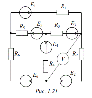 <b>Задача ЭЦ-1</b><br />1) Определить токи в ветвях, с помощью уравнений составленных по законам Кирхгофа; <br />2)	Определить тока в ветвях методом контурных токов <br />3)	Определить токи в ветвях методом узловых потенциалов <br />4)	Определить токи в ветвях методом наложения <br />5) Составить уравнение баланса мощностей; <br />6) Определить показания вольтметра; <br />7) Определить ток I1 в ветви c сопротивлением R1 по методу эквивалентного генератора и построить график зависимости I1 = f(R) при изменении R< R1 < 10R.<br /><b>  Вариант 21  </b><br /> Дано: Схема 21 <br />Е1 = 16 В, Е4 = 18 В, Е6 = 48 <br />R1 = 77 Ом, R2 = 12 Ом, R3 = 69 Ом, R4 = 70 Ом, R5 = 84 Ом, R6 = 49 Ом
