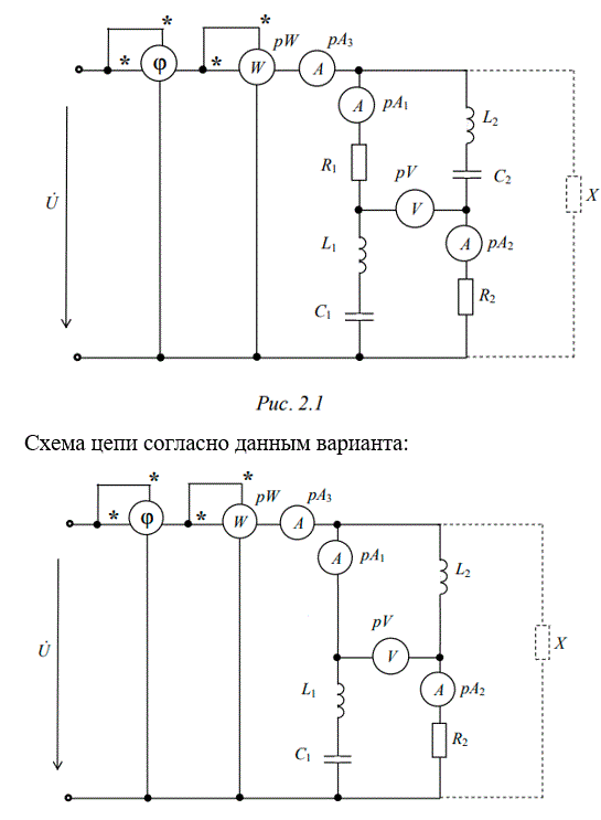 <b>Задача ЭЦ-2</b><br />В сеть включены по приведенной схеме две ветви (рис. 2.1), требуется:  <br />1) определить показания приборов;  <br />2) вычислить полную комплексную мощность цепи;  <br />3) рассчитать параметры элемента Х (индуктивности или емкости), при включении которого в цепи наступит резонанс токов;  <br />4) построить векторно-потенциальные диаграммы токов и напряжений для режимов до и после подключения компенсирующего элемента Х.  <br /><b>Вариант 1-4-21</b>   <br />Дано: U = 127 В, f = 60 Гц  <br />L1 = 102 мГн, С1 = 48 мкФ <br />R2 = 70 Ом, L2 = 490 мГн 