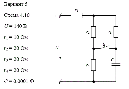 <b>Задача 7. Расчет переходных процессов в цепях постоянного тока с одним накопителем энергии- емкостью  </b><br />Для схемы электрической цепи, изображенной на рисунке 4, по заданным в таблице 4 параметрам рассчитать токи i ( t ) и напряжения u ( t ) всех ветвей электрической цепи в переходном процессе после замыкания (либо размыкания) ключа. Проверить правильность расчетов с помощью законов Кирхгофа. Расчет выполнить классическим и операторным методами. Построить графики изменения тока и напряжения  <br />На входе цепи действует источник постоянного напряжения U. <br /> <b>Вариант 5</b>