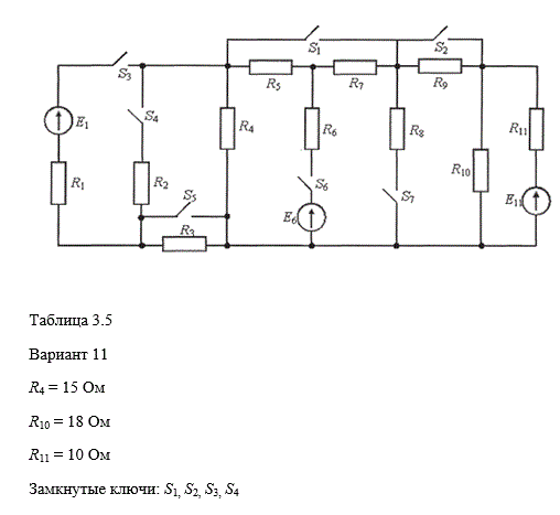 Рассчитать электрическую цепь постоянного тока методом узлового напряжения.  <br />В схеме на рис.3.2 задано:  <br />E1 = 60 В , E6 = 120 В , E11 = 90 В , <br />R1 = 65 Ом ,  R3 = 9 Ом , R6 = 12 Ом , R8 = 48 Ом , R9 = 5 Ом  <br />Значения остальных сопротивлений даны в таблице 3.5.  <br />Рассчитать электрическую цепь методом узлового напряжения.  <br />Начертить электрическую схему (рис.3.2) и на ней замкнуть ключи, согласно варианту (см.табл.3.5).  <br />Начертить расчетную электрическую схему, получившуюся после замыкания ключей. Обозначить на схеме все расчетные токи.  <br />Упростить схему, заменяя последовательно и параллельно соединенные сопротивления эквивалентными, используя при необходимости преобразование треугольника в эквивалентную звезду.  <br />Полученную схему с двумя узлами рассчитать методом узлового напряжения. Определить величину узлового напряжения UAB .  <br />Записать уравнения по второму закону Кирхгофа для контуров упрощенной электрической схемы и определить значения токов в источниках ЭДС.  <br />Для расчетной схемы записать уравнения по второму закону Кирхгофа для всех контуров схемы. Зная значения токов в источниках ЭДС, определить токи во всех ветвях схемы. При необходимости рассчитать токи по первому закону Кирхгофа для узлов расчетной схемы.  <br />Для проверки правильности расчетов составить для расчетной схемы уравнение по первому закону Кирхгофа для неиспользованного узла и уравнение баланса мощностей. <br /> <b>Вариант 11</b>