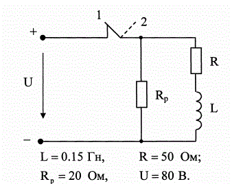 <b>Исследование переходных процессов в электрических цепях </b> <br />При замыкании выключателя цепь, содержащая конденсатор, подключается к источнику постоянного напряжения (рис.15 и рис Д.1 приложения Д)<br />Определить практическую длительность переходного процесса, ток в цепи и энергию электрического поля при t=3τ. Построить графики i=f(t) и uc=f(t). <br /><b>Вариант 13</b><br />Данные для расчёта : L = 0.15 Гн,	R = 50 Ом, Rр = 20 Ом;U = 80 В.