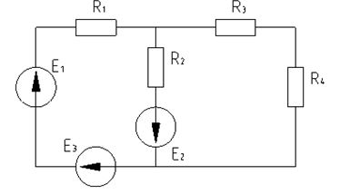 <b><Задача 2 </b><br />Для сложной электриеской цепи постоянного тока определить токи в ветвях методом узловых потенциалов. Выполнить проверку решения, используя баланс мощностей. Исходные данные: R<sub>1</sub>=5 Ом, R<sub>2</sub>=20 Ом, R<sub>3</sub>=12 Ом, R<sub>4</sub>=18 Ом, Е<sub>1</sub>=70 В, Е<sub>2</sub>=20 В, Е<sub>3</sub>=20 В