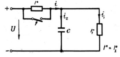 <b>2. </b> <br />Схема электрической цепи в переходном процессе.  Вычислить напряжение на конденсаторе uC при t=3τ <br />1) U/2(1-e<sup>-3</sup>) <br />2) 0 <br />3) U/2(1+e<sup>-3</sup>) <br />4) U <br />5) U/2