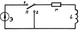 <b>9.</b><br />Переходный процесс в линейной электрической цепи.   Чему равен ток в катушке индуктивности i(+0) в момент коммутации после переключения переключателя П из нейтрального положения 1 <br />1) 0 <br />2) Э/r 
