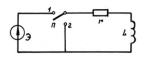 <b>11.</b><br />Переходный процесс в линейном электрической цепи.    Чему равно напряжение на катушке индуктивности через время, равное τ после переключния переключателя П из положения 1 в положение 2? <br />1)-Э/е <br />2) 0 <br />3) Э/е
