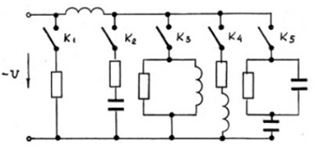 <b>13. </b><br />Электрическая схема подключена к источнику постояного напряжения.   Каким рубильником надо осуществить включение, чтобы выражение переходного тока содержало две постоянные интегрирования и в цепи был невозможен колебательный процесс: <br />1) К2 <br />2) К1 <br />3) К5 <br />4) К4 <br />5) К3