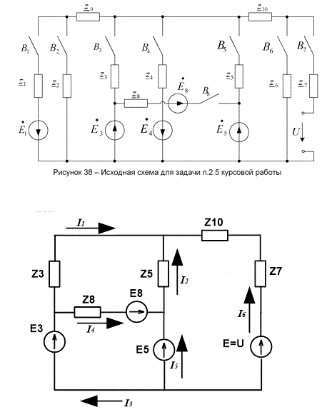 <b>Задание 2.5.</b><br />    Методом контурных токов рассчитать действующие и мгновенные значения токов во всех ветвях электрической цепи переменного тока с частотой f = 50 Гц (рисунок 38), определить режим работы заданного источника ЭДС, коэффициент мощности cos φ всей цепи, составить баланс активных мощностей. Комплексные    E    или   мгновенные   значения   е(t)   ЭДС   источников   питания, напряжение U и полные сопротивления z ветвей для соответствующих вариантов задания приведены в таблице 14.      <br /><b>Вариант 33</b><br />Исходные данные <br />E3=100=100e<sup> j0</sup> В <br />E5=100j=100e<sup> j90</sup> В <br />E8=50=50e<sup> j0</sup> В <br />E=U=100=100e<sup> j0</sup> В <br />Z3=3+4j  Ом <br />Z5=6+8j  Ом <br />Z7=9+12j  Ом <br />Z8=12-16j  Ом <br />Z10=3-4j  Ом <br />Выключатели замкнуты В3,В5,В7,В8 <br />Определить: <br />Режим работы источников питания E3 <br />Мгновенный ток ветви замкнутого выключателя В5