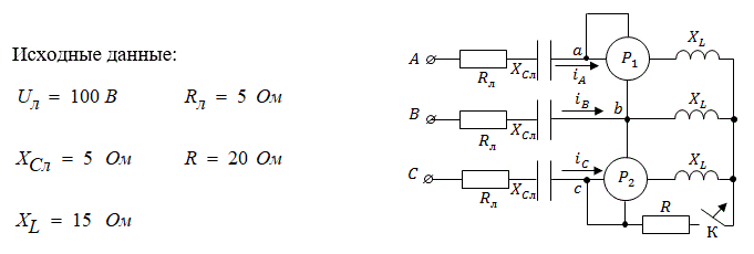 <b>Расчет трехфазных цепей</b><br />Для двух положений ключа: <br />1) Рассчитать токи в линиях и фазах нагрузки, а также определить фазные и линейные напряжения на нагрузке.<br />2) Построить топографическую диаграмму напряжений, совмещенную с векторной диаграммой токов.<br />3) Определить показания ваттметров и сравнить полученный результат с активной мощностью, потребляемой нагрузкой.<br /><b>Вариант 80</b>