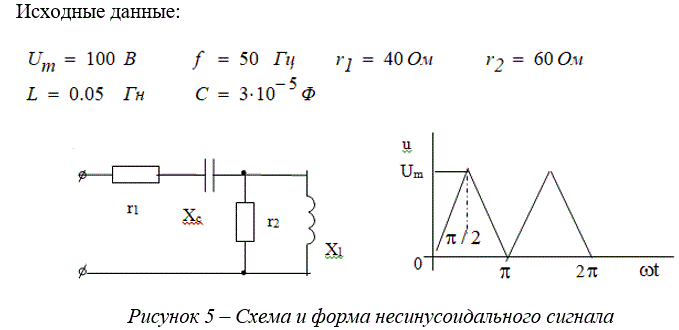 <b>Расчет цепи несинусоидального тока</b><br />1) Записать напряжение на входе цепи в виде ряда Фурье, ограничившись при этом первыми пятью гармониками из существующих.<br />2) Рассчитать первые пять гармоник тока цепи и записать мгновенное значение тока в виде ряда.<br />3) Построить на одном графике кривые тока и напряжения на входе цепи i(t) и u(t).<br />4) Определить действующие значения тока и напряжения<br /> <b>Вариант 80</b>