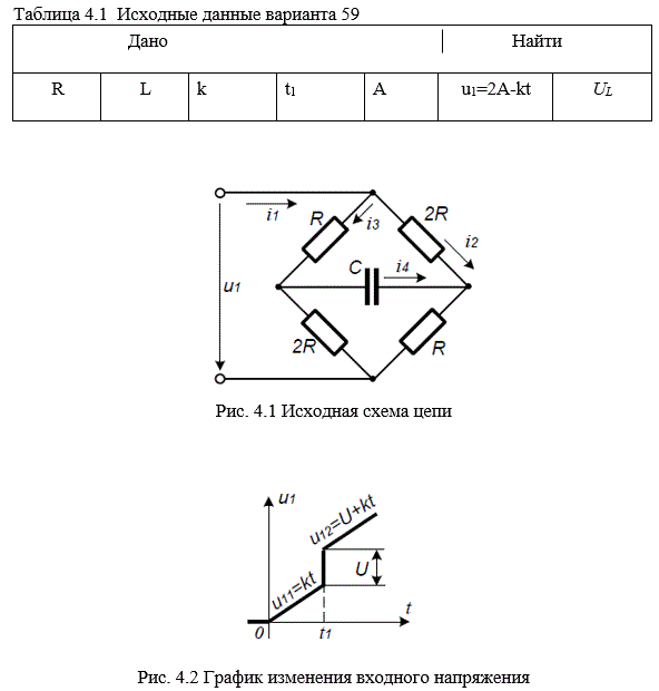<b>Расчёт переходного процесса в электрической цепи с помощью интеграла Дюамеля <br /> Задача №3.2</b><br />Определить закон изменения во времени тока в одной из ветвей схемы или напряжение на заданном участке схемы. Решить задачу, используя интеграл Дюамеля.<br /> <b>Вариант 59</b>