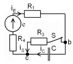 С источником ЭДС переменного синусоидального тока найти классическим методом ток и напряжение в конденсаторе  <br />Построить диаграмму для t=0-4τ <br /><b>Вариант 32</b><br /> Дано: схема 4С <br />E = 150 В, <br />С = 4 мкФ, <br />R1 = 0, R2 = 10 Ом, R3 = 5 Ом, R4 = 10 Ом <br />ψ<sub>E</sub>=10°•Nвар=10°•32=320°=-40°