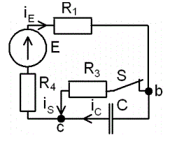 С источником ЭДС постоянного тока найти классическим методом ток и напряжение в конденсаторе  <br />Построить диаграмму для t=0-4τ <br /><b>Вариант 32</b> <br />Дано: схема 4С <br />E = 150 В, <br />С = 4 мкФ, <br />R1 = 0, R2 = 10 Ом, R3 = 5 Ом, R4 = 10 Ом