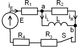 С источником ЭДС переменного синусоидального тока найти классическим методом ток и напряжение в индуктивности  <br />Построить диаграмму для t=0-4τ <br /><b>Вариант 32</b> <br />Дано: схема 4С <br />E = 150 В,  ψ<sub>E</sub>=10°•Nвар=10°•32=320°=-40°; <br />L = 4 мГн, <br />R1 = 0, R2 = 10 Ом, R3 = 5 Ом, R4 = 10 Ом