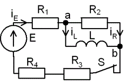 С источником ЭДС постоянного тока найти классическим методом ток и напряжение в индуктивности  <br />Построить диаграмму для t=0-4τ <br /><b>Вариант 32</b> <br />Дано: схема 4С <br />E = 150 В, <br />L = 4 мГн, <br />R1 = 0, R2 = 10 Ом, R3 = 5 Ом, R4 = 10 Ом