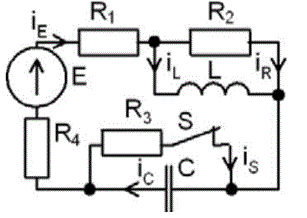 С источником ЭДС постоянного тока найти классическим и операторным  методами токи и напряжения в индуктивности и конденсаторе. <br />Построить диаграмму для t=0-4τmax <br /><b>Вариант 32</b> <br />Дано: схема 4С <br />E = 150 В, <br />L = 4 мГн, C = 5 мкФ, <br />R1 = 0, R2 = 10 Ом, R3 = 5 Ом, R4 = 10 Ом