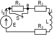 С источником ЭДС постоянного тока найти классическим методом ток и напряжение индуктивности  <br />Построить диаграмму для t=0-4τ <br /><b>Вариант 29</b> <br />Дано: схема 1D <br />E = 200 В, <br />L = 2 мГн, <br />R1 = 50 Ом, R2 = 20 Ом, R3 = 20 Ом 
