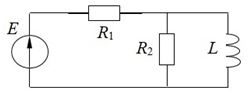<b>Задача 10.</b> <br />Схема цепи представленана рисунке. Параметры элементов цепи: Е=4 B. R<sub>1</sub>= R<sub>2</sub>=2 кОм, L=5 мГн. В нулевой момент времени источник отключается. <br />Изобразите эквивалентную схему цепи для расчета режима работы по постоянному току, т.е. до момента коммутации. <br />Определить коэффициент ослабления α, характеризующий свободный процесс в цепи после коммутации.