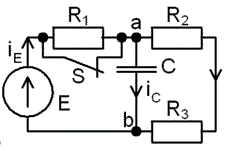 С источником ЭДС постоянного тока найти классическим методом ток и напряжение в конденсаторе  <br />Построить диаграмму для t=0-4τ <br /><b>Вариант 29</b> <br />Дано: схема 1D <br />E = 200 В, <br />С = 5 мкФ, <br />R1 = 50 Ом, R2 = 20 Ом, R3 = 20 Ом 