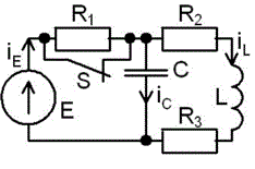 С источником ЭДС переменного синусоидального тока найти классическим методом токи и напряжения в индуктивности и конденсаторе. <br />Построить диаграмму для t=0-4τmax <br /><b>Вариант 29</b> <br />Дано: схема 1D <br />E = 200 В, Ψ = 290°<br />L = 2 мГн, C = 5 мкФ, <br />R1 = 50 Ом, R2 = 20 Ом, R3 = 30 Ом