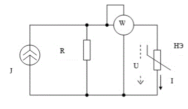 В электрической цепи, схема которой приведена на рисунке, известно показание ваттметра W = 52 Вт и величина J = 4 A. ВАХ нелинейного элемента задана выражением: <br />I(U)=0.8•10<sup>-3</sup>•U<sup>2</sup>+0.06•U (A) <br />Определите полную мощность схемы и сопротивление R