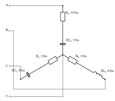 <b>Задача 3. Анализ электрических цепей трехфазного синусоидального тока</b> <br />1.	Определить фазные и линейные токи <br />2.	Определить ток в нейтральном проводе <br />3.	Вычислить значения активной, реактивной и полной мощности <br />4.	Построить в масштабе векторную диаграмму. <br /><b>Дано:</b> <br />Uф = 100 В <br />Ra = 10 Ом. Rb = 5 Ом, Rc = 3 Ом <br />Xa = -5 Ом, Xb = 6 Ом, Xc = -8 Ом