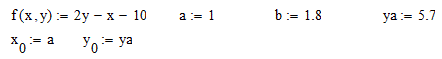 Задача Коши<br />Численно решить задачу Коши для обыкновенного дифференциального уравнения 1-го порядка на отрезке [a,b] с шагом h=0.2, h=0.4<br />а) методом Эйлера<br />б) исправленным методом Эйлера<br />в) методом Эйлера-Коши<br />Оценить погрешность по правилу Рунге. Найти точное решение задачи. Убедиться в правильности полученной оценки. Построить графики точного и приближенного решений<br /> <b>Вариант 10</b>