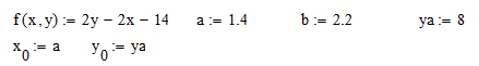 Задача Коши<br />Численно решить задачу Коши для обыкновенного дифференциального уравнения 1-го порядка на отрезке [a,b] с шагом h=0.2, h=0.4<br />а) методом Эйлера<br />б) исправленным методом Эйлера<br />в) методом Эйлера-Коши<br />Оценить погрешность по правилу Рунге. Найти точное решение задачи. Убедиться в правильности полученной оценки. Построить графики точного и приближенного решений<br /> <b>Вариант 14</b>