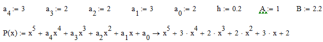 Численное интегрирование<br />Вычислить интеграл от многочлена P(x) в пределах от 1 до 2.2 с шагом h = 0.2, используя формулы:<br /> а) центральных прямоугольников;<br />б) трапеций;<br />в) Симпсона.<br /> Оценить погрешность результатов. Проверить справедливость оценок, сравнив полученные приближенные значения интеграла с точным значением, вычисленным по формуле Ньютона-Лейбница<br /> Значение многочлена вычислять по схеме Горнера. Промежуточные вычисления вести с шестью значащими цифрами. Ответы записать с учетом погрешности<br /> <b>Вариант 1</b>