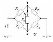 <b>Задача 2.4.5</b> <br />На рис приведена мостовая электрическая схема соединения сопротивлений. Определить величину и направление тока I<sub>5</sub> в диагонали моста с резистором R<sub>5</sub>, если напряжение источника U=150 В, сопротивления резисторов в плечах моста R<sub>1</sub>=20 Ом, R<sub>2</sub>=40 Ом, R<sub>3</sub>=10 Ом, R<sub>4</sub>=30 Ом, R<sub>5</sub>=50 Ом. 