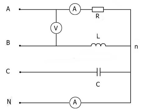 <b>Задача 1.</b><br /> Определить показания амперметров если известно, что R=x<sub>L</sub>=x<sub>C</sub>=100 Ом, а вольтметр показывает 220 В. Вычислить активную мощность приемника. При определлении тока в нейтральном проволе воспользоваться вектороной диаграммой токов и топографической диаграммой напряжений. Приборы идеальные.