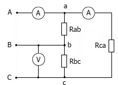 <b>Задача 2.</b>	<br />Найти показания амперметров, если известно что вольтметр показывает 100 В, а сопротивление R<sub>ab</sub>=R<sub>ca</sub>=50 Ом и R<sub>bc</sub>=100 Ом. Построить векторную диаграмму токов и топографическую диаграмму напряжений.