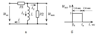 <b>Пример 14.3.</b> 	<br />Определить напряжение u<sub>вых</sub> (t) R-L цепи (рис. 14.20, а) при импульсном входном воздействии (рис. 14.20, б). <br />Дано: L=0.1 Гн; R<sub>1</sub>=100 Ом; R<sub>2</sub>=100 Ом; длительность импульса ∆t=t<sub>и</sub>-t<sub>0</sub>=2 мс.