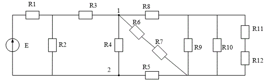 Дана параллельно-последовательная цепь  <br /> Параметры электрической цепи:  E=180В; <br />R1=R3=R5=R9=R11=20 Ом; R2=R4=R6=R7=R12=70 Ом; R8=R10 =60 Ом; <br />Найти все токи и напряжения электрической цепи, используя принцип делителя тока и делителя напряжения, а также выполнить проверку токов по первому закону Кирхгофа в точках 1 и 2.